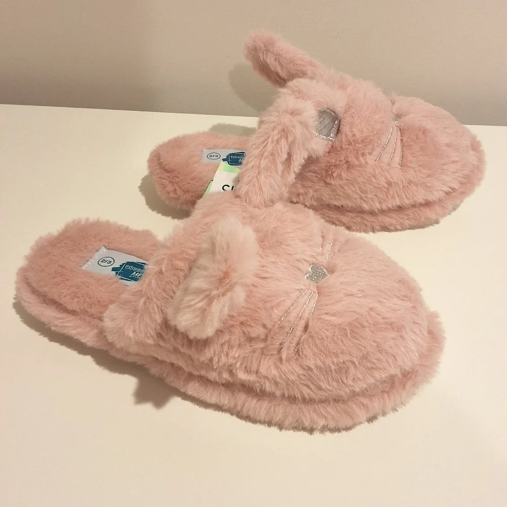 Pink Plush Bunny Girls Slippers Soft Cozy Novelty House Shoes, Size 2-3, NWT